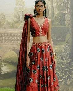 Red Box Pleat Panelled Lehenga Set