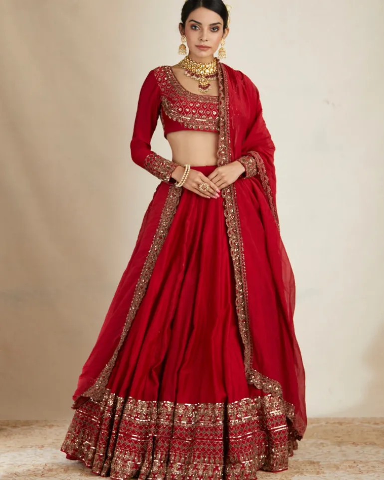 Red Chanderi Silk Crepe Beaded Lehenga Set