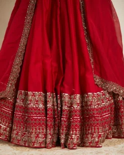 Red Chanderi Silk Crepe Beaded Lehenga Set