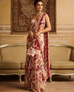 Red Embroidered Blouse And Skirt Sari Set