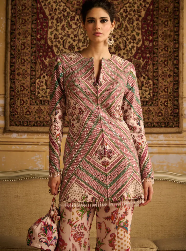 Red Embroidered Jacket And Flare Pants
