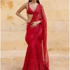 Red Embroidered Mermaid Sleeveless Sari Set