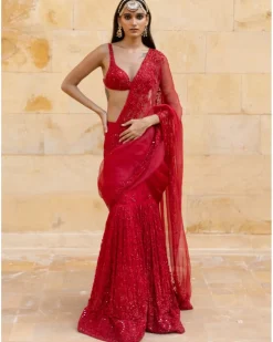 Red Embroidered Mermaid Sleeveless Sari Set