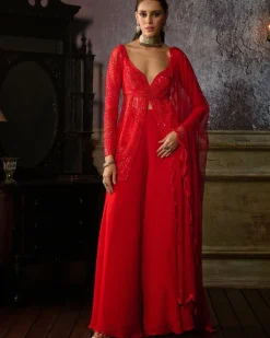 Red Embroidered Peplum With Organza Sharara And Dupatta