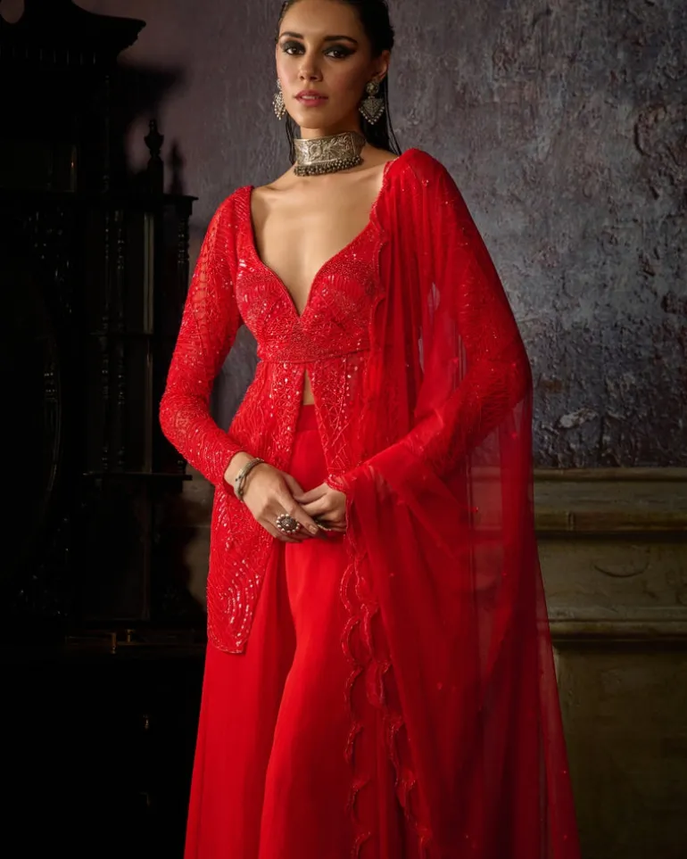 Red Embroidered Peplum With Organza Sharara And Dupatta