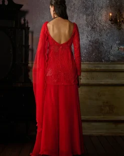 Red Embroidered Peplum With Organza Sharara And Dupatta