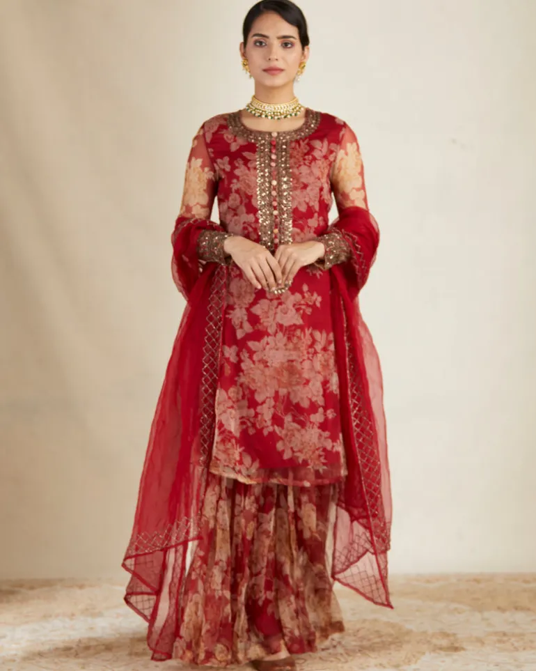 Red Floral Kurti Set