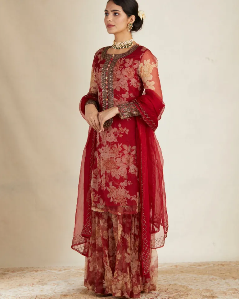 Red Floral Kurti Set