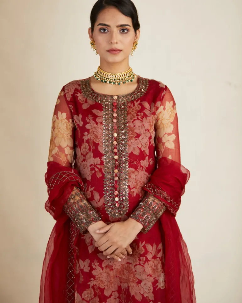 Red Floral Kurti Set