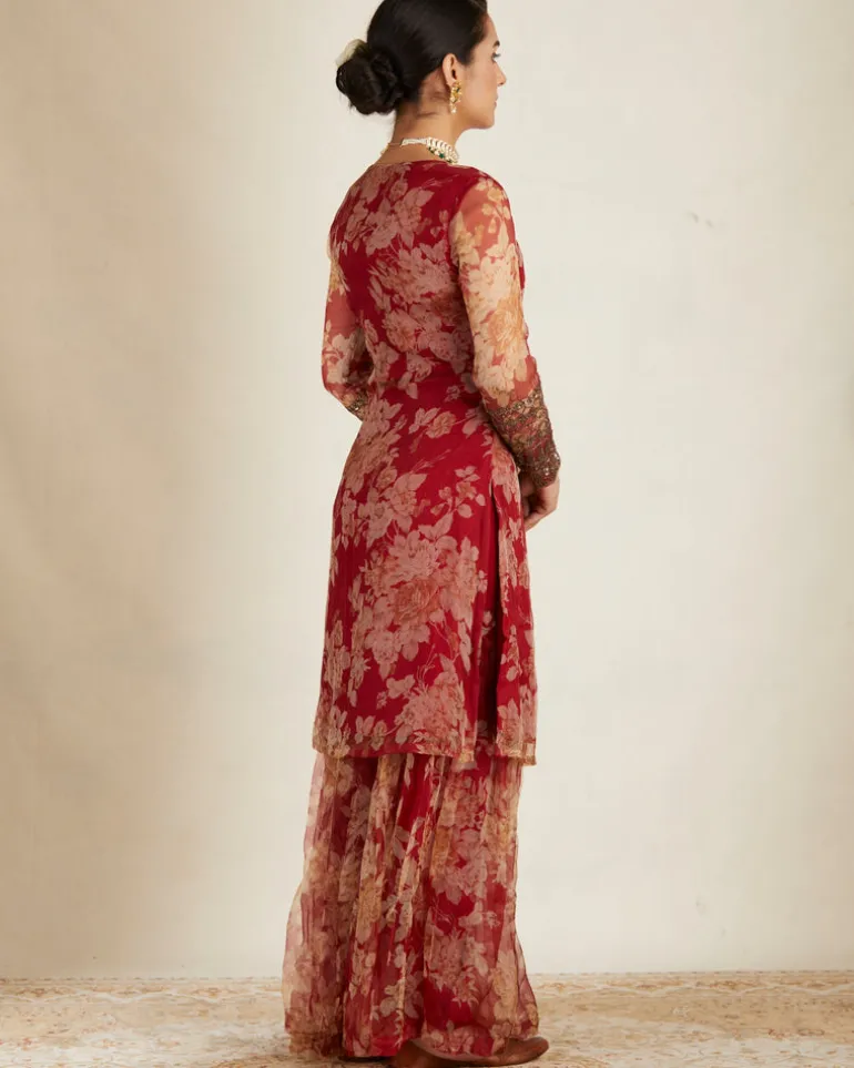 Red Floral Kurti Set
