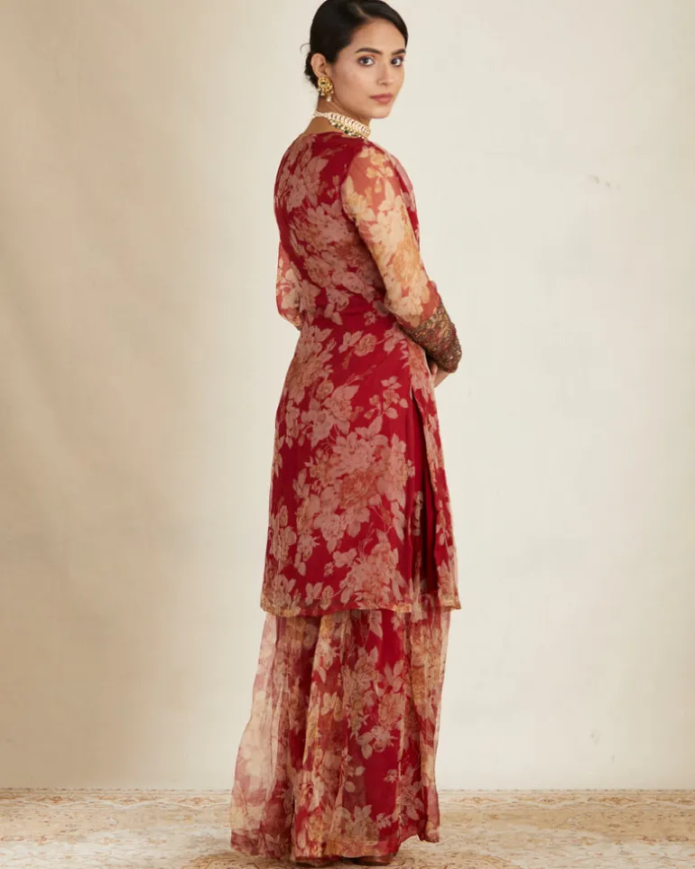 Red Floral Kurti Set