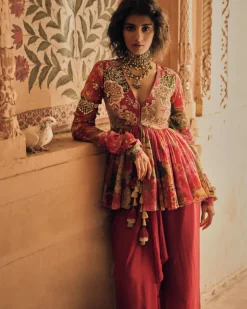 Red Floral Map Printed Peplum Set