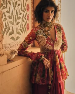 Red Floral Map Printed Peplum Set