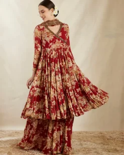 Red Georgette Floral Angrakha Set