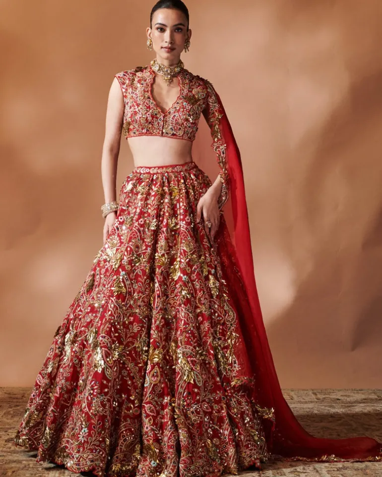 Red Heavily Embroidered Lehenga Set