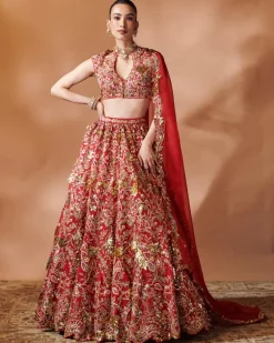 Red Heavily Embroidered Lehenga Set