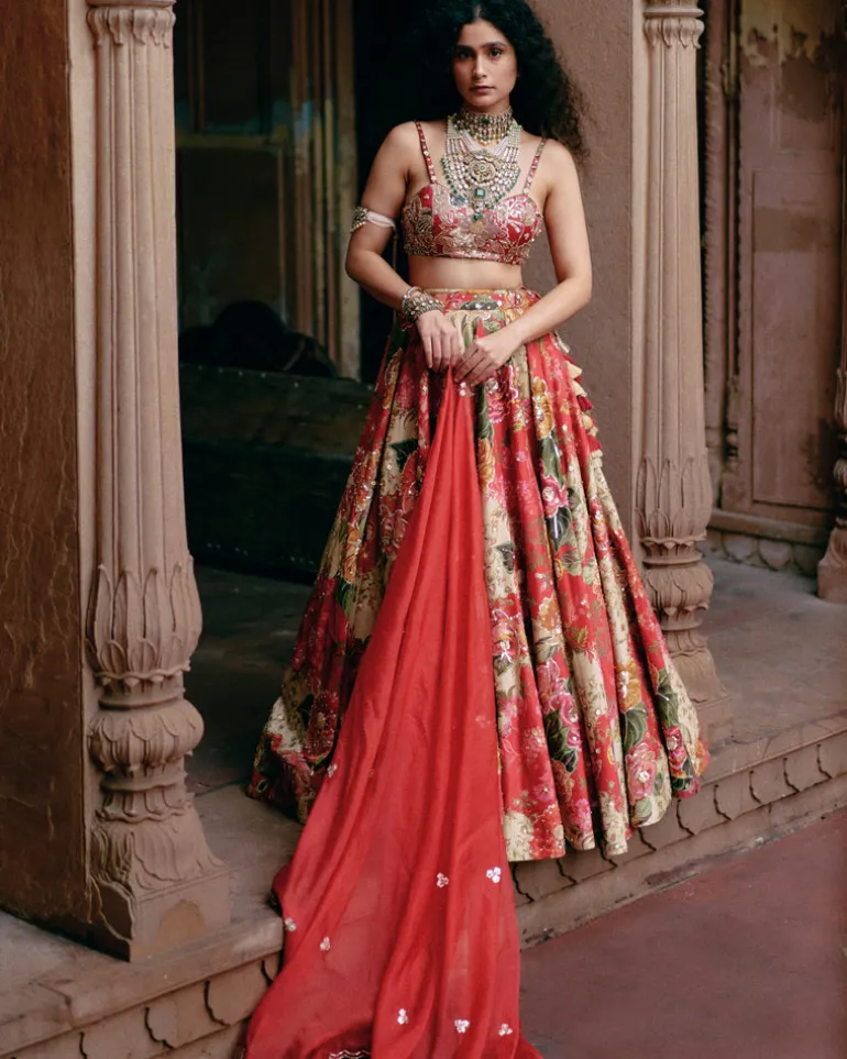 Red Map Printed Lehenga Set