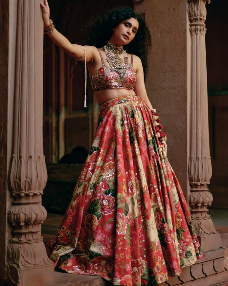 Red Map Printed Lehenga Set