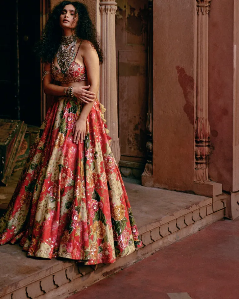 Red Map Printed Lehenga Set