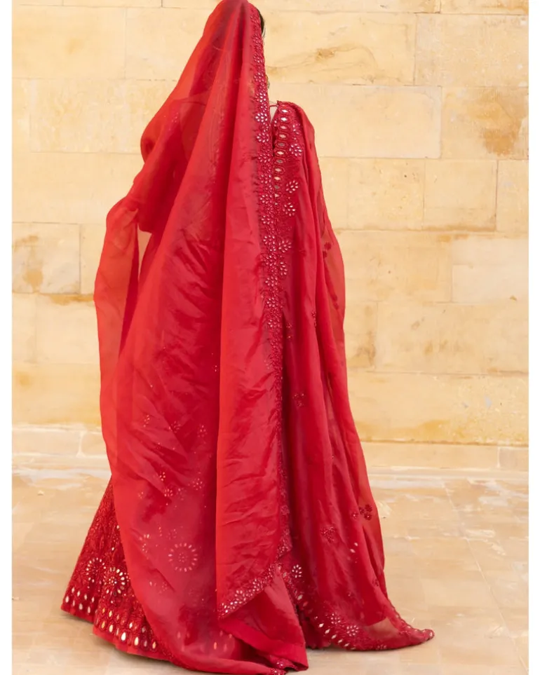 Red Mirror Embroidered Lehenga Set