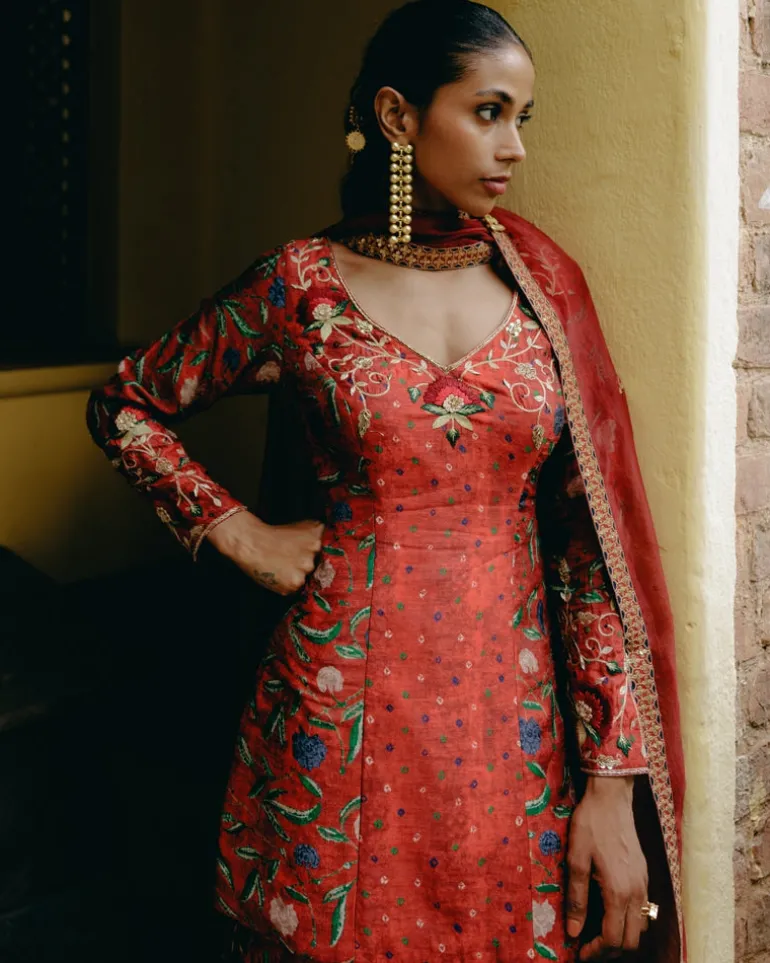 Red Mix Print Gharara Set