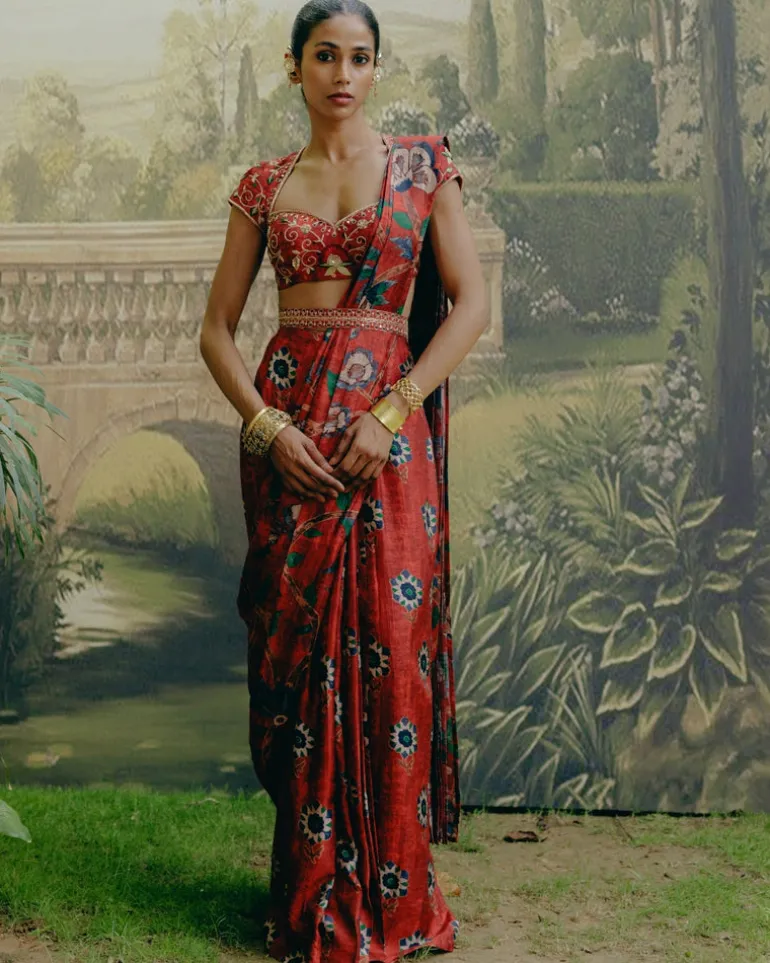 Red Mix Print Sari Set