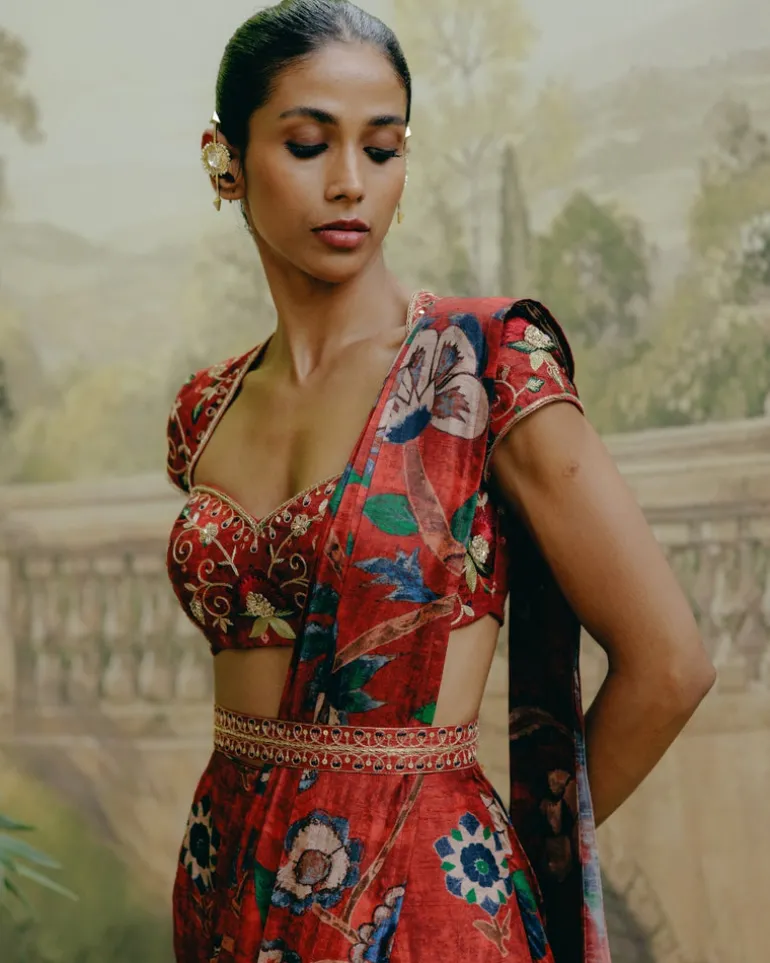 Red Mix Print Sari Set