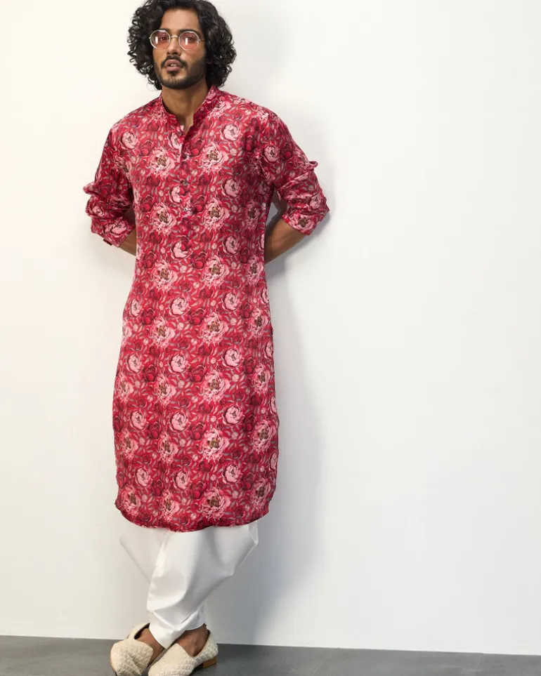 Red Peonies Printed Kurta Set