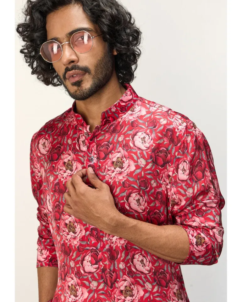 Red Peonies Printed Kurta Set