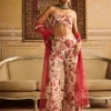 Red Print Embroidered Blouse And Pant Set