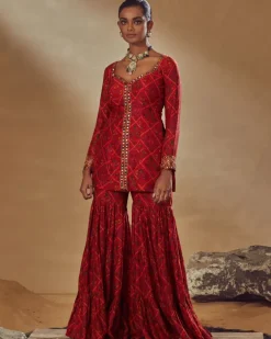 Red Printed Sharara Set