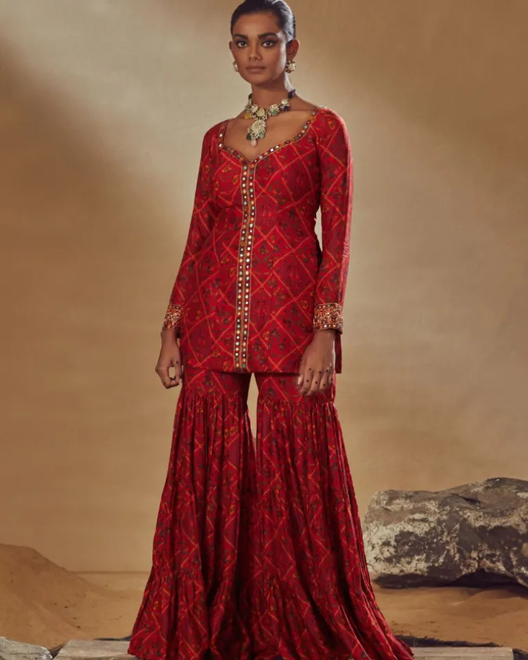 Red Printed Sharara Set