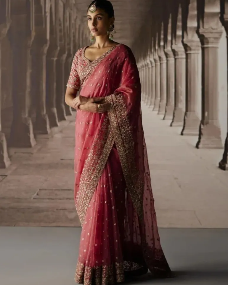 Red Sari With Jaal Blouse