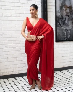 Red Satin Pre Draped Sari