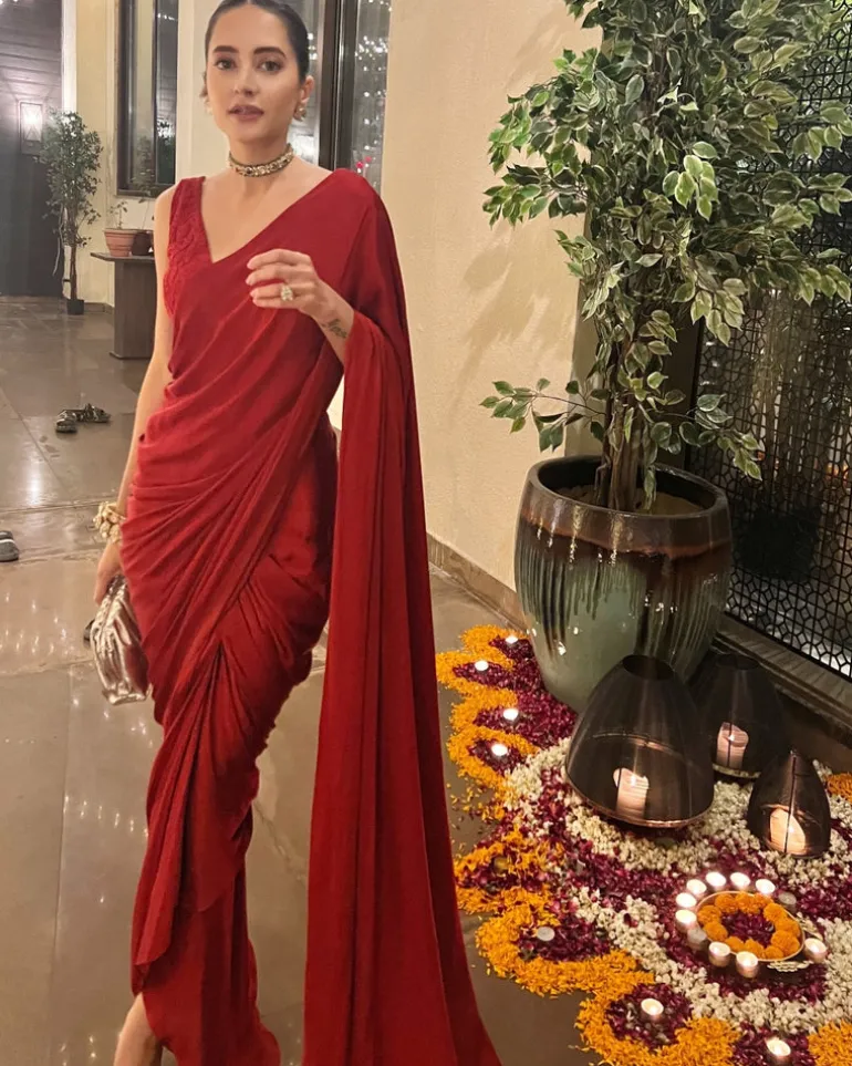 Red Satin Pre Draped Sari