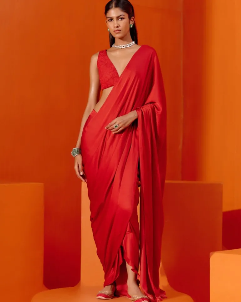 Red Satin Pre Draped Sari