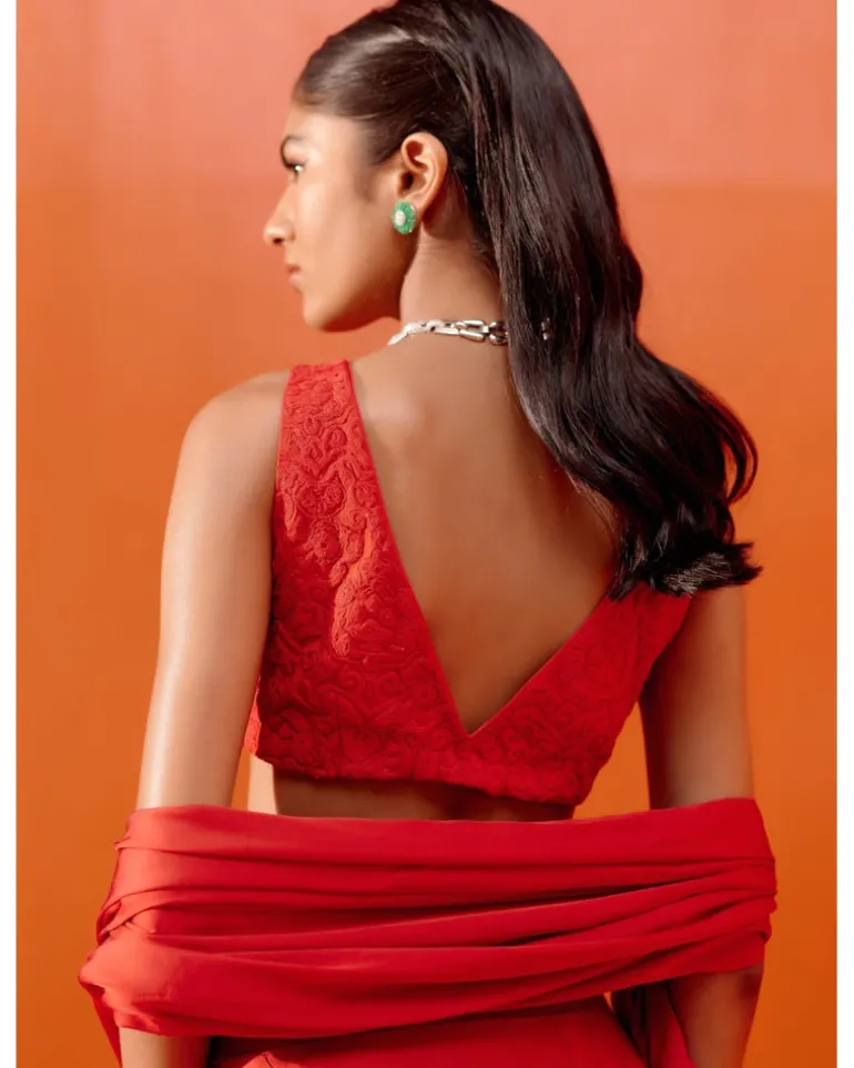 Red Satin Pre Draped Sari