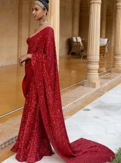 Red Sequins Embroidered Sari Set