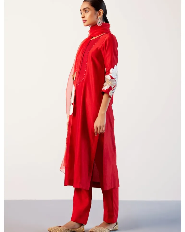 Red Silk Chanderi Hand-Painted Kurta Set