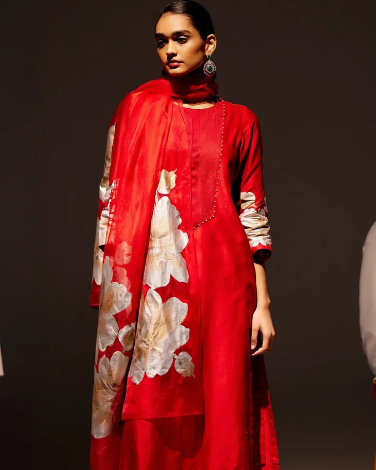 Red Silk Chanderi Hand-Painted Kurta Set