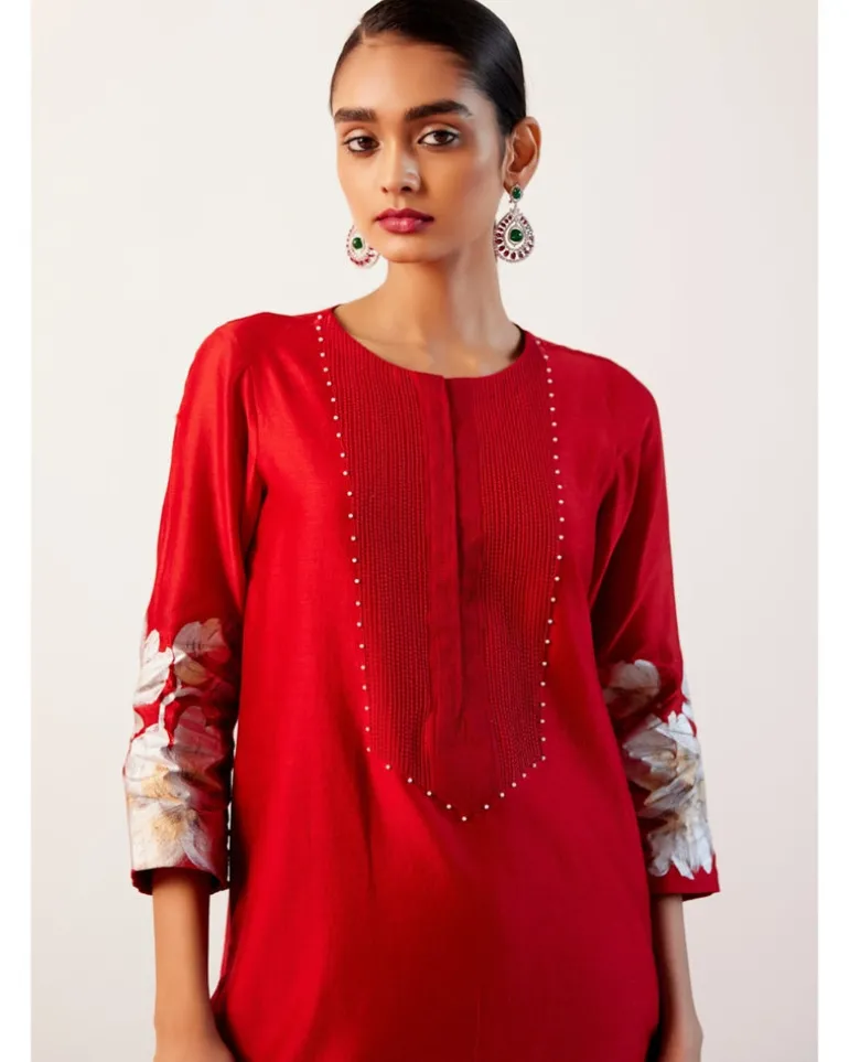 Red Silk Chanderi Hand-Painted Kurta Set
