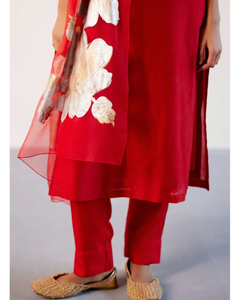 Red Silk Chanderi Hand-Painted Kurta Set