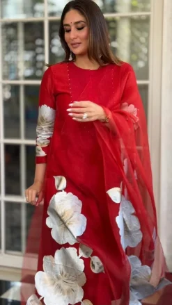 Red Silk Chanderi Hand-Painted Kurta Set