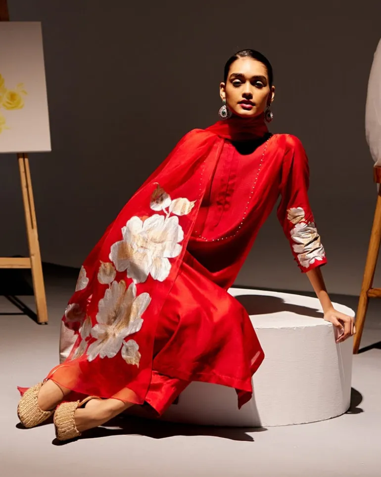 Red Silk Chanderi Hand-Painted Kurta Set