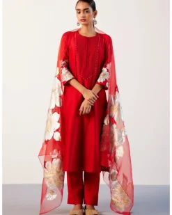 Red Silk Chanderi Hand-Painted Kurta Set