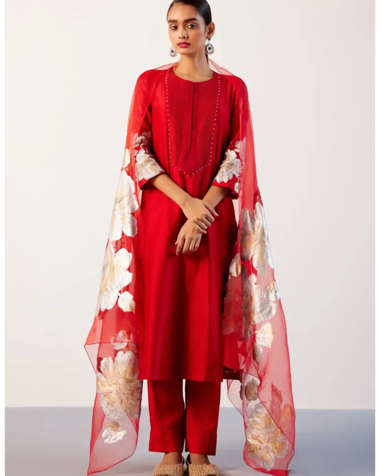 Red Silk Chanderi Hand-Painted Kurta Set