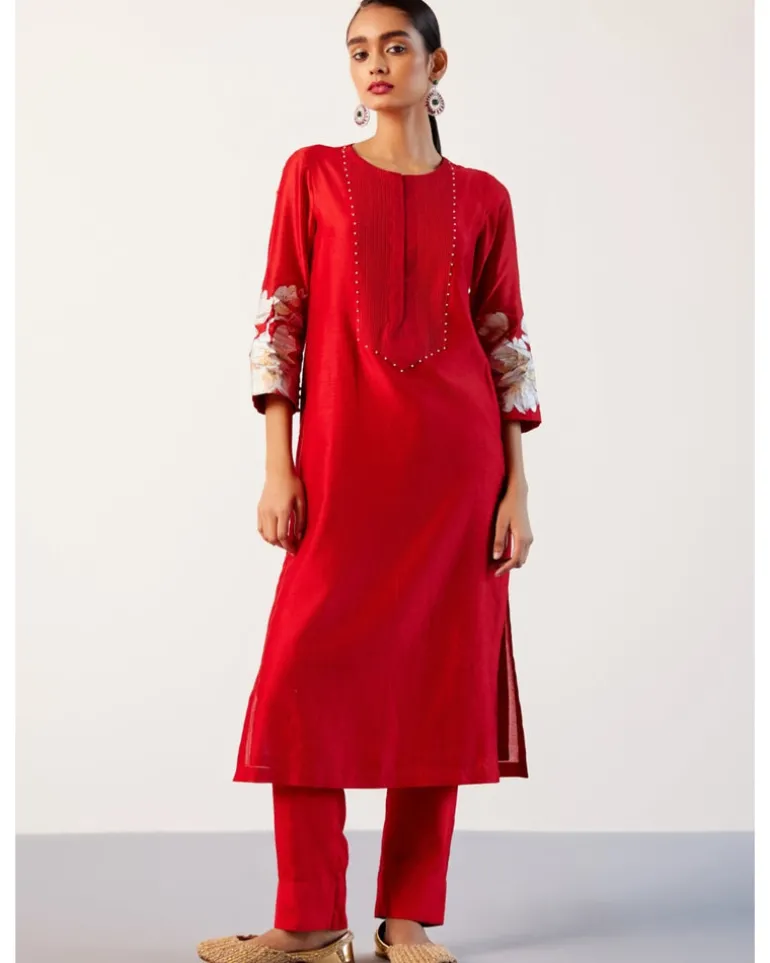 Red Silk Chanderi Hand-Painted Kurta Set