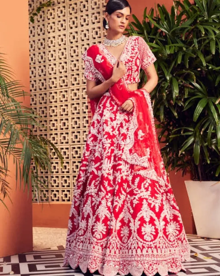 Red Slash Lehenga Set