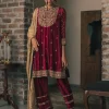 Red Three Kali Velvet Kurta Set