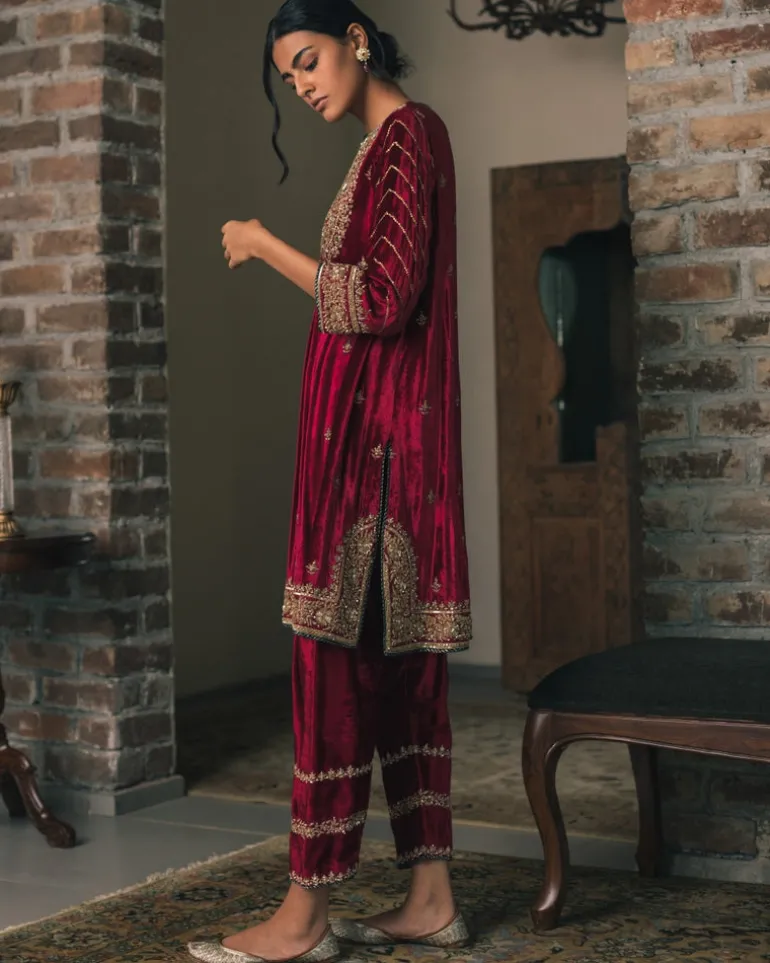 Red Three Kali Velvet Kurta Set